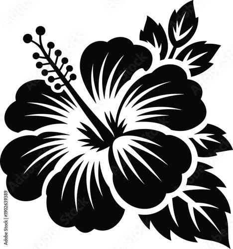 Black hibiscus flower silhouette vector illustration, tropical floral design, botanical nature artwork, isolated decorative blossom, minimal graphic element, icon, logo