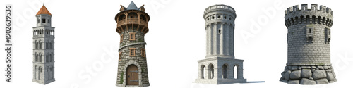 Photos "Ancient Medieval Stone Tower on a Rocky Cliff at Sunset, 3D Fantasy Architectur