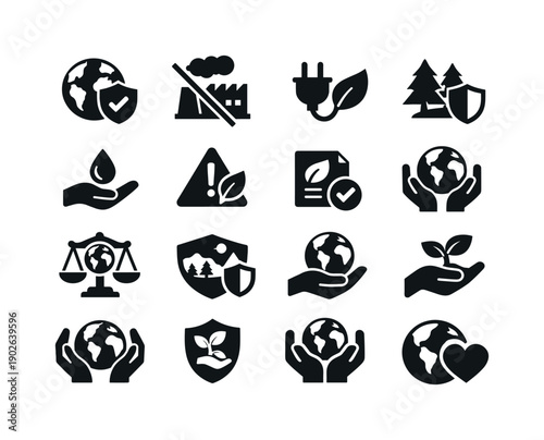 Environmental Protection. Solid icon set of Environmental Protection: earth shield, anti pollution sign, clean energy plug, forest