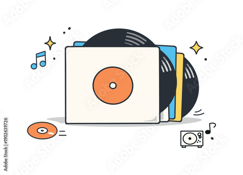 Retro Record Charm. Vinyl record sleeves. Minimal stack of record sleeves with visible discs peeking out, arranged neatly to show retro music style and analog