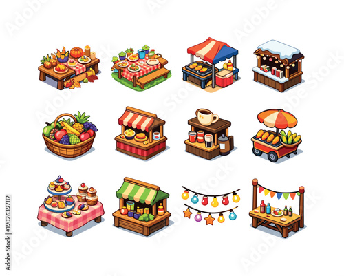 Seasonal Food Fairs. Colorful isometric vector icons set of Seasonal Food Fairs: autumn harvest table, spring garden feast, summer BBQ tent,