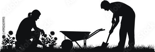 Silhouette of people working in garden with wheelbarrow and flowers  gardening activities