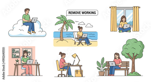 Remote work from different locations concept.