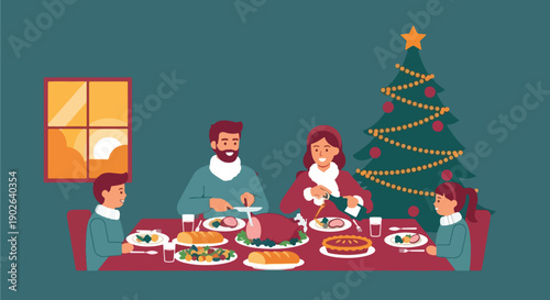 Family Christmas dinner with festive tree and decorations.