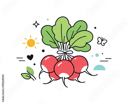 Radish bunch. A stylized radish bundle combined with small abstract decorative elements, forming a fresh market-inspired scene. The