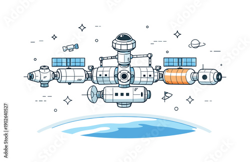 Space station modules. Modular sections of a space station connected in orbit, showing structure and balance in zero gravity. Calm futuristic