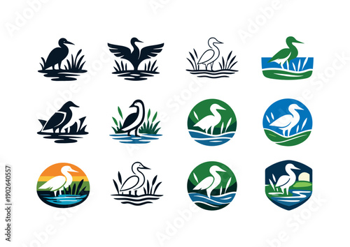 Wetland Restoration Icons. Wetland restoration. Icon set. Set Logo of wetland restoration: bird over marsh. harmonious logo variations of the same emblematic