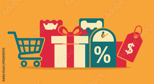 Discount Shopping Cart with Gifts and Price Tags.