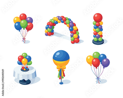 Balloon arrangements. Isometric flat vector icons set of balloon arrangements: floating balloon bunch, wall balloon arch, balloon column