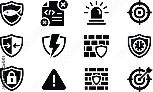 Isometric cybersecurity icon set featuring shields, firewalls, phishing protection, antivirus, secure access, warnings, and threat detection symbols for digital security, apps, and system design