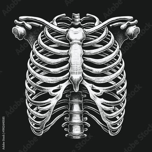 Anatomical Illustration of a Human Rib Cage on Black Background.