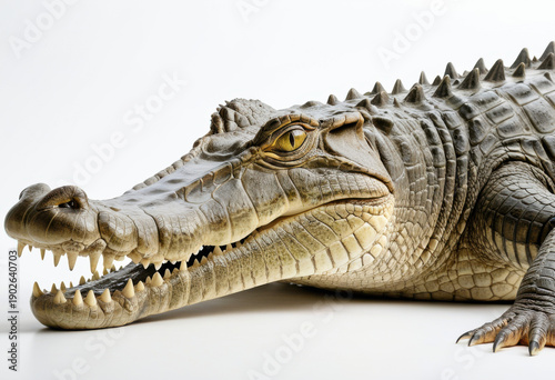 Close-up portrait of massive Nile Crocodile, with jagged teeth, white background