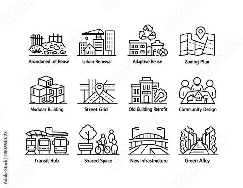 Urban Redevelopment Icons. Urban Redevelopment Strategies. Line icon set of Urban Redevelopment Strategies: abandoned lot reuse, urban renewal, adaptive reuse,