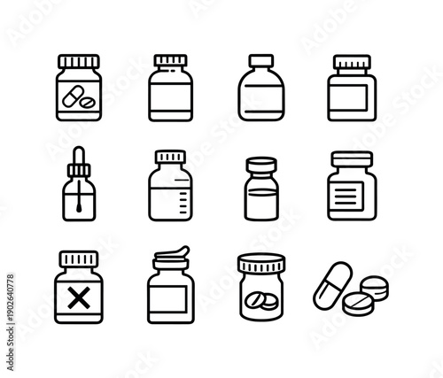 Medical Bottles Icons. Medical Bottles. Line icon set of Medical Bottles: medicine bottle, screw cap, round bottle, square bottle, dropper bottle, liquid
