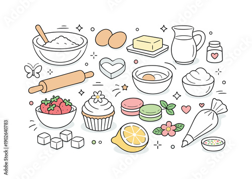 Light spring sweets concept. Assorted dessert ingredients laid out carefully, suggesting baking, creativity and seasonal flavors. Clean flat