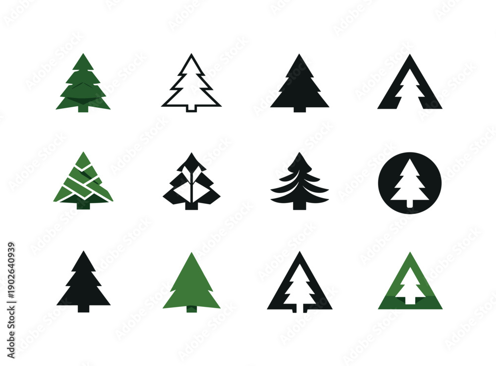 Obraz premium Spruce Logo Variations. Spruce. Icon set. Set Logo of Spruce: triangular spruce icon. harmonious logo variations of the same emblematic concept, each with