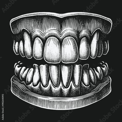 Detailed Engraving of Human Teeth: Anatomy and Dental Health.