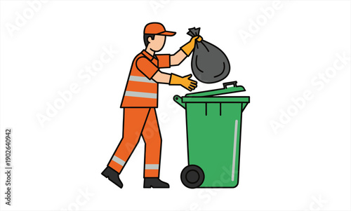 Sanitation worker disposing of trash in a green bin.