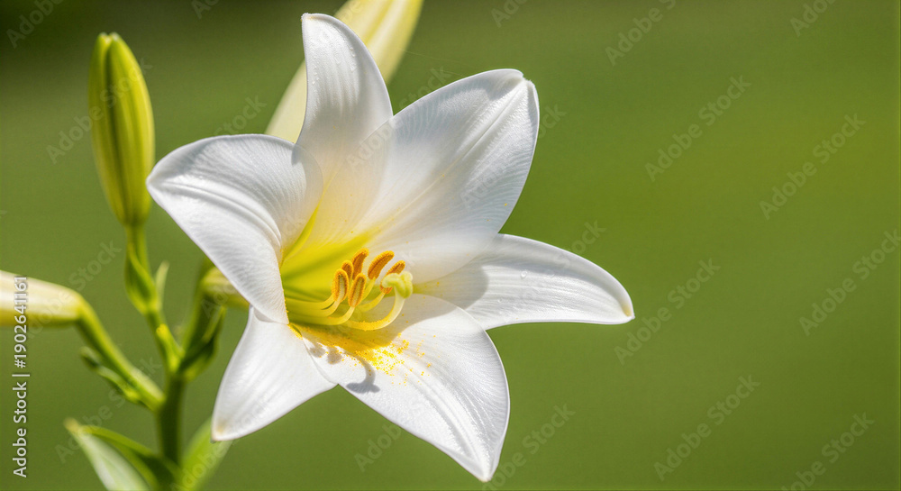 Fototapeta premium White lily flower in detailed close-up in white and yellow for floral decor
