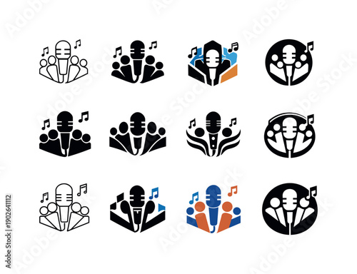 Group karaoke nights. Icon set. Set Logo of Group karaoke nights: microphone with music notes. harmonious logo variations of the same