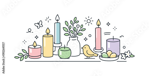 Spring candles pastel. A shelf or tabletop with a mix of burning and unlit pastel candles, paired with greenery and light seasonal decor,