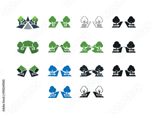 Sidewalk Icon Variations. Sidewalk. Icon set. Set Logo of Sidewalk: sidewalk with trees and benches. harmonious logo variations of the same emblematic concept,