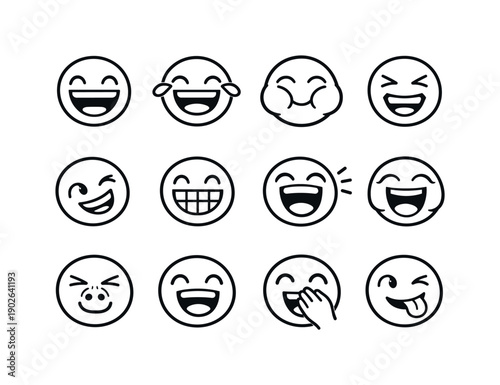 Laughing Expressions. Line icon set of Laughing Expressions: wide open smile, teary eyes laugh, cheek puff, squinting eyes, tilted head, big