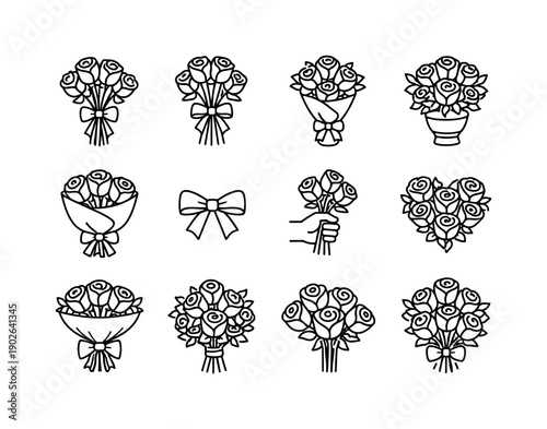 Rose Bouquet. Line icon set of Rose Bouquet: rose bouquet, tied roses, wrapped flowers, floral arrangement, gift bouquet, ribbon bow, hand