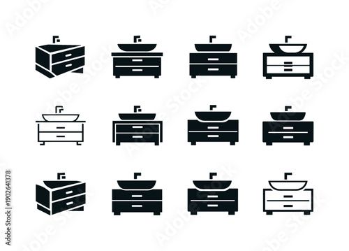 A modern bathroom vanity with sleek storage solutions. Icon set. Set Logo of modern bathroom vanity with sleek storage solutions: vanity with