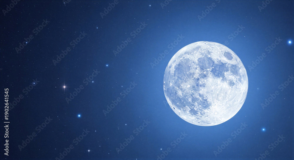 Fototapeta premium Full Moon in Photographic Style in Blue and White Night Sky