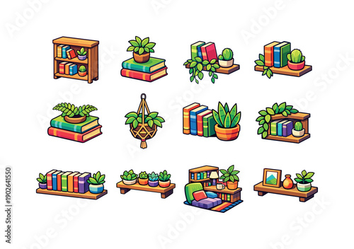 Bookshelf with plants. Colorful isometric vector icons set of bookshelf with plants: wooden bookshelf, books with plant pot, trailing vines,