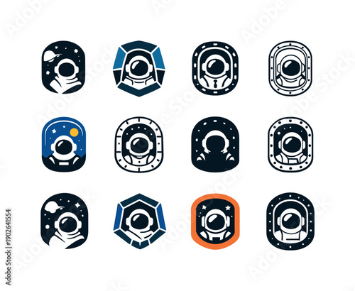 Astronaut Icon Set. Astronaut window. Icon set. Set Logo of Astronaut window: space capsule window frame. harmonious logo variations of the same emblematic