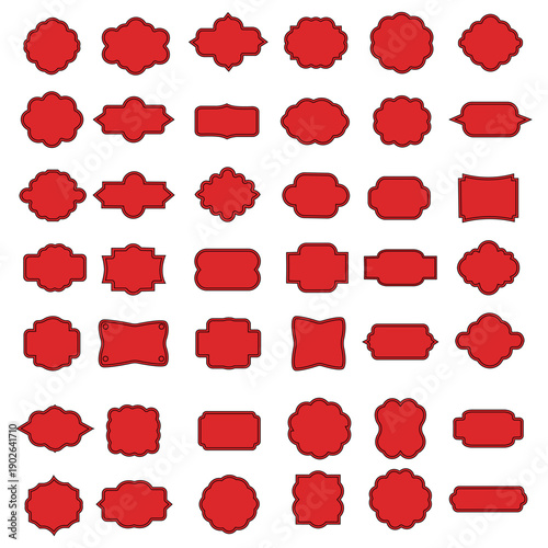 A collection of various red geometric and abstract frame shapes arranged in a grid pattern.