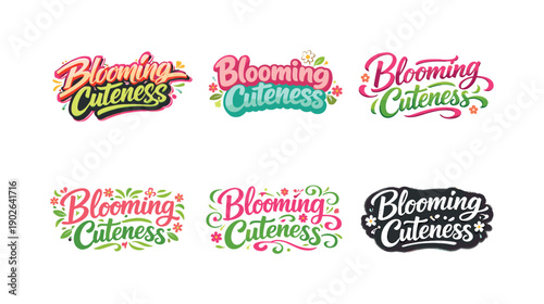 Blooming cuteness. Set lettering. harmonious lettering variations of the same emblematic concept, each with different artistic interpretation