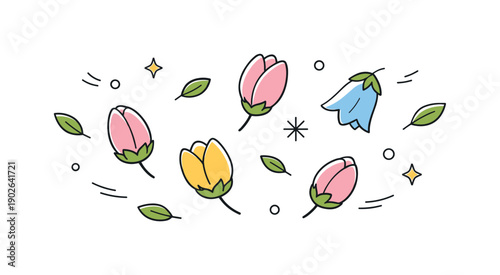Floating Spring Buds. Spring flower buds. Floating buds and small leaves suggest gentle motion and a light spring breeze. The scene feels soft, cheerful, and