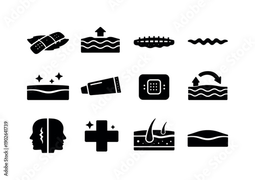 Healing scars. Solid icon set of healing scars: scar with bandage, skin healing stages, stitched wound, scar tissue line, healed skin patch,