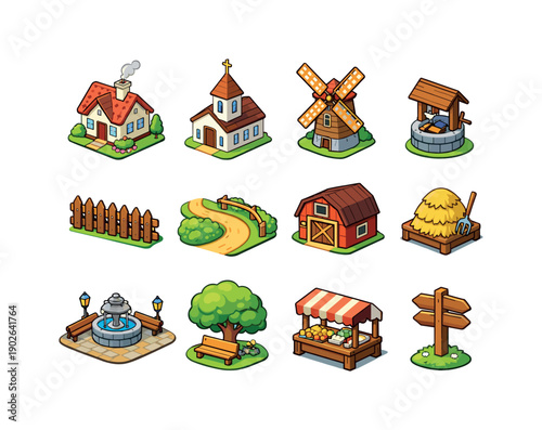 Village. Colorful isometric vector icons set of village: cottage house, village church, windmill, water well, wooden fence, village road,