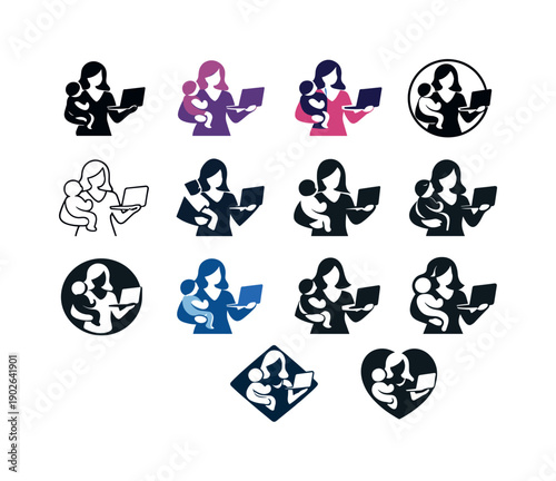 mom multitasking. Icon set. Set Logo of mom multitasking: woman balancing baby and laptop. harmonious logo variations of the same emblematic