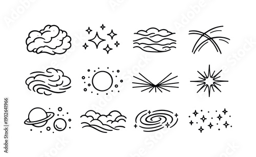 Nebula Icon Grid. Deep space nebula. Line icon set of Deep space nebula: vast nebula cloud, distant stars, cosmic fog layers, light diffusion arcs,