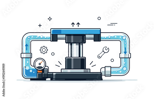 Hydraulic machinery operation. Hydraulic press or actuator pushing upward with visible fluid flow inside transparent pipes. Feeling of