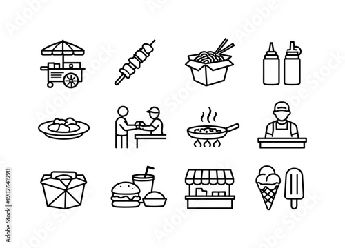 Street Food Cuisine. Line icon set of Street Food Cuisine: food cart, local snack, portable dish, condiments bottles, small plate, customer