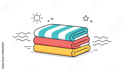 Beach towel folds. Neatly folded beach towels stacked in a simple editorial arrangement. Calm summer mood, order and softness, with subtle