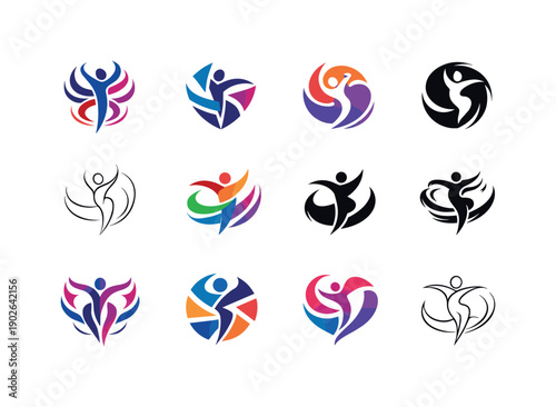 Dance cardio. Icon set. Set Logo of dance cardio: vibrant movement swirl. harmonious logo variations of the same emblematic concept, each