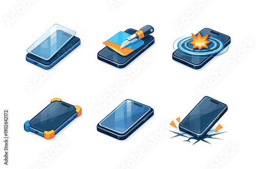 Phone protection. Isometric flat vector icons set of phone protection: smartphone with glass shield, anti-scratch surface layer, impact shock