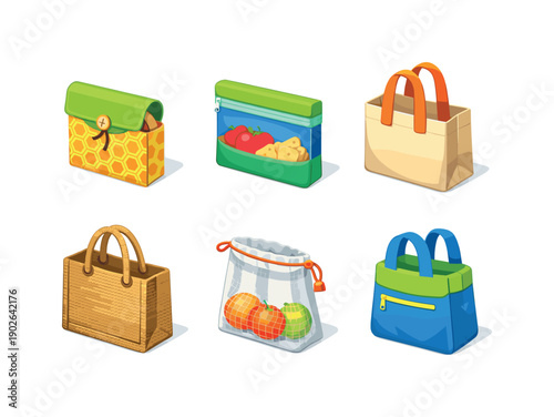 Zero waste bags. Isometric flat vector icons set of zero waste bags: beeswax wrap pouch, reusable snack bag, shopping bag with loops,