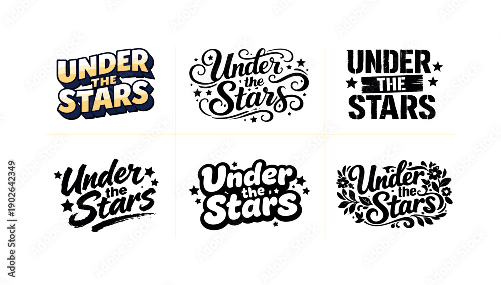 Fototapeta premium Emblematic Lettering Variations. Under the stars. Set lettering. harmonious lettering variations of the same emblematic concept, each with different artistic