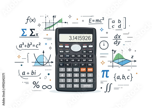 Scientific calculator functions. A large calculator surrounded by neatly arranged icons of graphs, equations, and symbols, representing