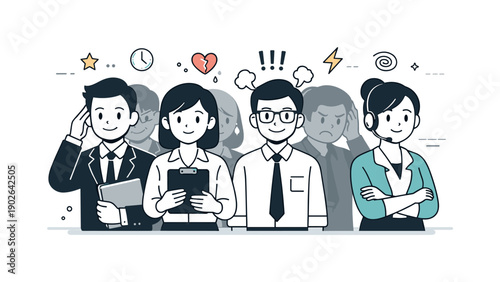 Workplace emotional masking. A row of professional characters, all with identical facial expressions but subtle shadowed emotions behind