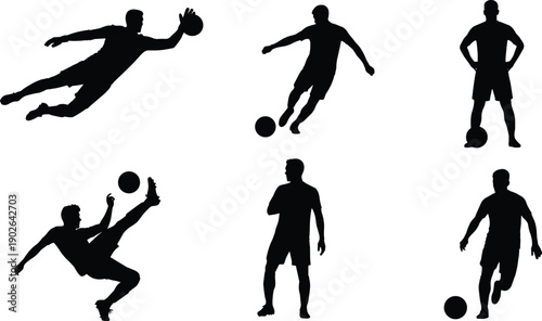 Soccer goalkeeper and player silhouette set showing football save kick and dribbling actions isolated on white background sport illustration