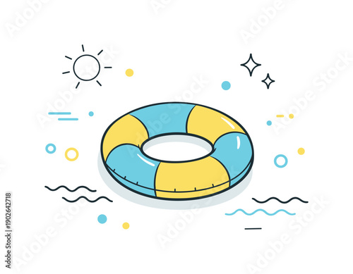 Pool accessory flat lay. Inflatable ring paired with small abstract dots and lines suggesting water and sunlight. Light, friendly summer